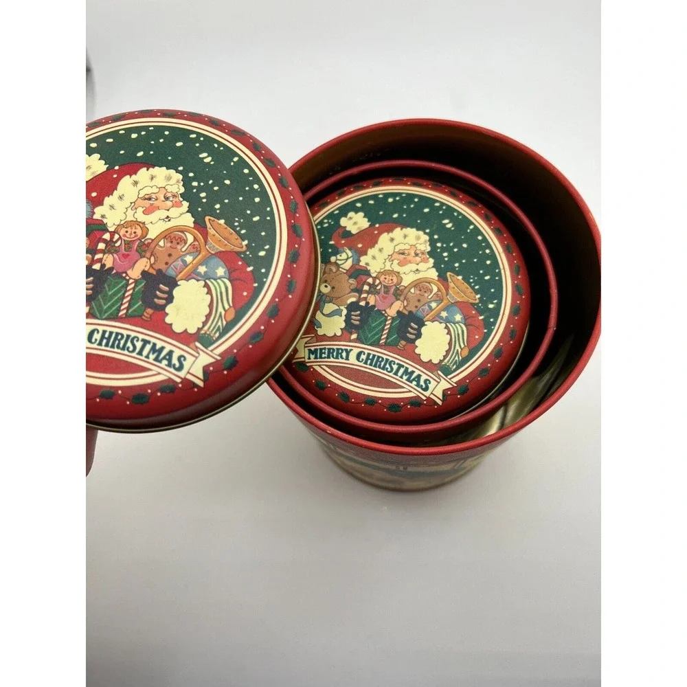 Vintage Holiday Merry Christmas Santa Tin‎ Set of 3